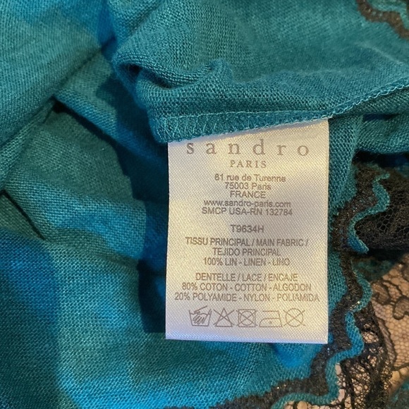 Sandro teal linen black lace inset long sleeve tee - Picture 6 of 8